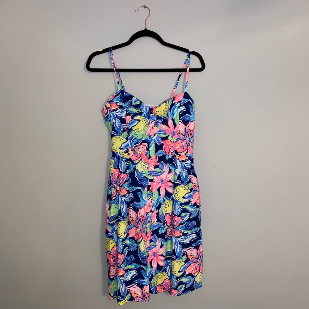 Lilly Pulitzer Navy Floral Midi Dress with Pink & Yellow Accents